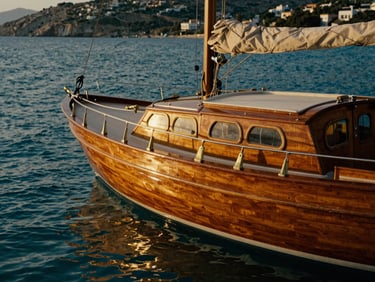 A classic wooden yacht anchored in a secluded turquoise cove in Paxos, Greece, warm golden hour light reflecting on salt-crusted brass fittings.