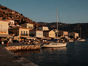 An old stone harbor in the sunset of Symi, pastel-colored neoclassical houses climbing the dry hills, a single sailboat moored at the stone quay.