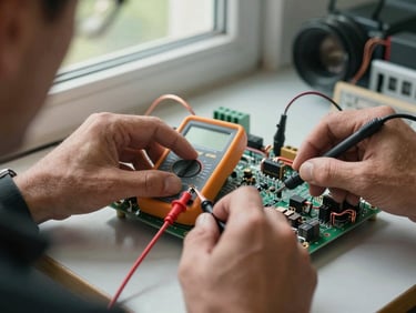 Close-up of technician's hands using a multimeter on an AC circuit board, natural daylight from a nearby window, copper wiring and components visible