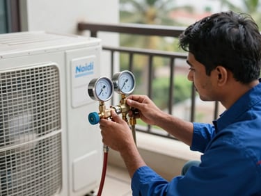 Wide shot of a technician reading refrigerant gauge readings on an outdoor AC condenser unit inside a Noida home balcony, natural daylight, gauge dial and scale clearly visible, hands steady on the manifold