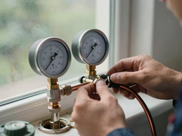 Close-up of a technician's hands attaching a manifold gauge set to an AC service port, gauge needles in focus, natural daylight from a window behind, copper refrigerant lines visible