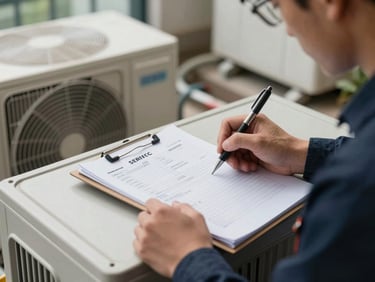 Technician writing on a service record sheet resting on an AC unit panel, pen in hand, open outdoor unit with refrigerant lines visible in the background, soft natural window light