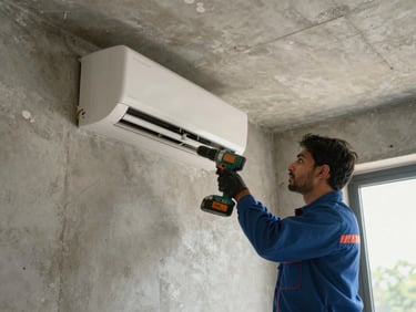 Technician mounting an AC indoor unit bracket on a wall inside a Noida home, drill in hand, natural daylight from window, concrete wall texture visible