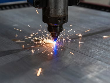 Macro shot of a fiber laser cutting head piercing a thick stainless steel plate, intense blue and orange sparks radiating, sharp clean cut edge, industrial atmosphere.