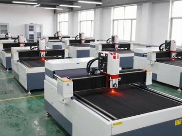 Wide-angle panoramic shot of the Al Jurf workshop floor, heavy CNC routing machines and fiber lasers aligned, cool steel tones, safety orange accents on machinery, bright overhead industrial lighting.