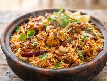 A vibrant close-up of steaming hot chicken biryani in a traditional clay pot, bright high-key studio lighting, warm saturated tones, 50mm lens