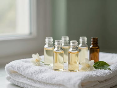 Close-up of small glass bottles of essential oils and a sprig of jasmine on a clean white towel, soft window light, sage green background, shallow depth of field, 35mm.