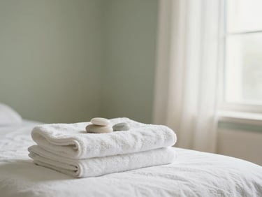 Clean, minimalist spa setup in an upscale home interior, with pristine folded white towels and smooth stones, soft diffused light, ample negative space, sage green and cream tones, 35mm.
