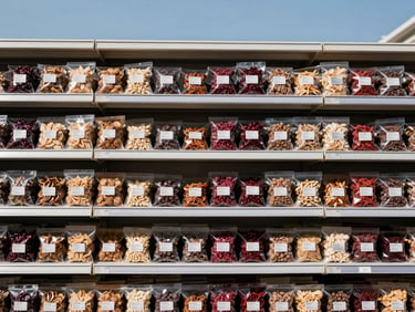 crisp corporate photography, wide angle, 35mm, clear natural daylight, rich deep tones, high contrast, structured medium shot of organized retail shelves stocked with packaged dry goods