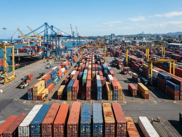 Wide environmental shot of organized shipping containers at a busy port, clear natural daylight, crisp corporate photography, high contrast, 35mm