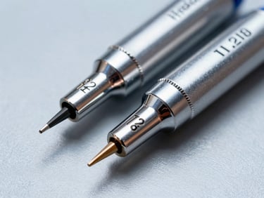 Macro shot of Hakko T12 and T18 style soldering tips, clean bevel edges, pristine chrome plating, industrial studio light