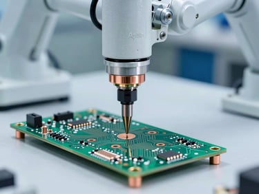 High-precision automated soldering robot head with Apollo style soldering tip executing a joint on a green circuit board, copper highlights