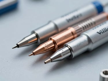 Macro shot of Weller LT and XT series soldering tips, heavy-duty copper core, satin silver finish, sharp focus