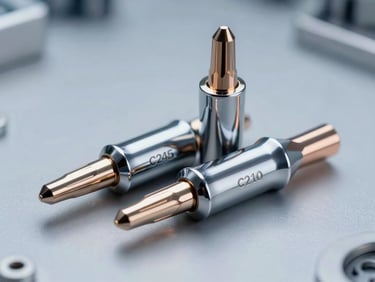 Macro shot of C245 and C210 cartridge soldering tips, dual-sleeve design, chrome finish, cool metallic studio lighting