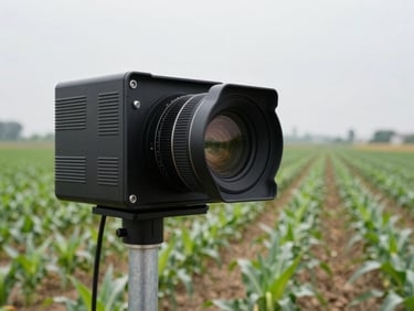 Close-up of a crop monitoring sensor mounted on a metal pole in a cultivated field, daylight, sensor electronics visible in sharp detail, rows of crops extending to the right, overcast sky above