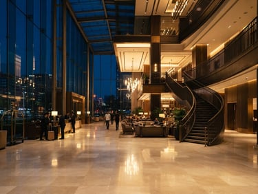 Wide environmental architectural shot of a modern glass-facade hotel lobby at dusk, warm golden lights reflecting on polished stone floors, deep navy ambient sky, 35mm lens.