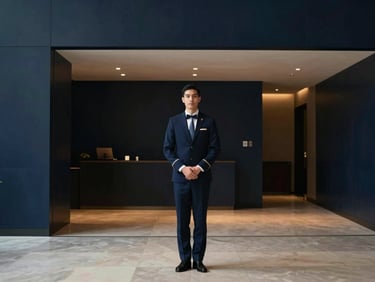 An elegant concierge standing in a minimalist modern lobby, low-key dramatic lighting, deep navy tones.