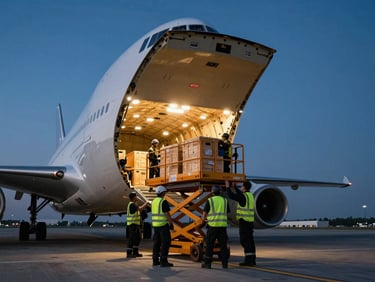 Wide panoramic shot from ground level looking up at the open cargo hold of a large freight aircraft on a tarmac at dusk, uniformed logistics workers in high-vis vests operating a scissor loader platform lifting sealed wooden crates, amber floodlights illuminating the aircraft belly, dark blue sky behind