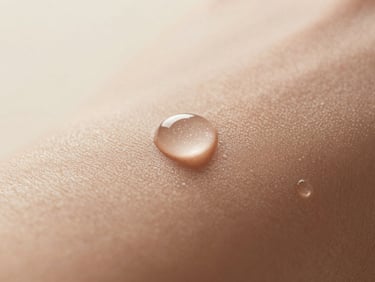Macro shot of a clear serum droplet on glowing, clean skin, soft diffused light, warm editorial photography