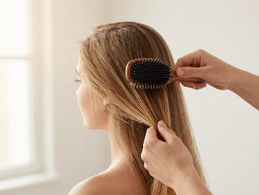 Soft-focus shot of hands styling hair with a brush, gentle high-key studio lighting, warm editorial photography