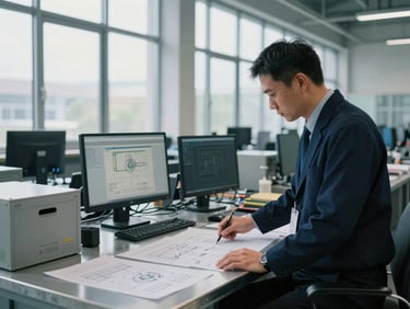 Crisp editorial photograph of a modern logistics dispatch center, cool natural daylight through high windows, operations manager analyzing physical schematics on a steel desk, sharp focus, 35mm
