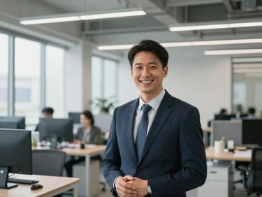 Professional portrait of a male operations director in corporate attire, smiling confidently, in a modern office environment, bright natural daylight