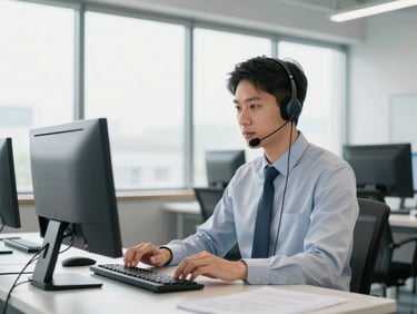 Professional portrait of a male dispatch coordinator in corporate attire, at a desk with a headset, focused on a computer screen, bright natural daylight