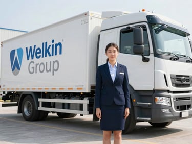 Professional portrait of a female fleet manager in corporate attire, standing next to a Welkin Group branded truck, bright natural daylight