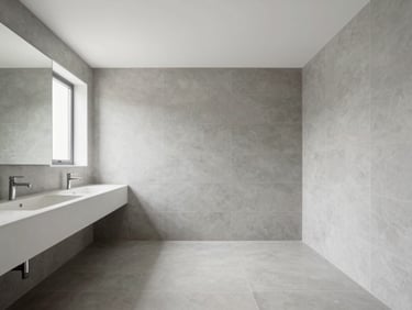 Architectural photograph of a spacious, newly remodeled bathroom interior, showcasing a thoughtful layout with distinct zones for bathing and vanity. Clean lines, large format light gray tiles, and abundant natural light. Straight-on composition.