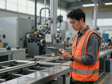 Logistics consultant in high-vis vest reviewing a production line with a tablet, natural overcast daylight, industrial editorial photography, desaturated steel and safety orange tones, 35mm lens, wide environmental shot