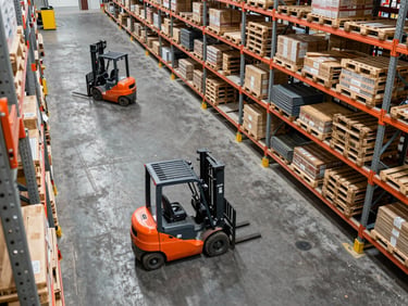 Overhead shot of a busy warehouse floor with forklifts and organized pallet racks, focusing on efficient movement paths, natural overcast daylight, industrial editorial photography, desaturated steel and safety orange tones, 35mm lens, wide environmental shot