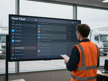 Fleet manager and consultant reviewing a digital dispatch board in a modern office, a fleet of trucks visible through a large window, natural overcast daylight, industrial editorial photography, desaturated steel and safety orange tones, 35mm lens, medium shot