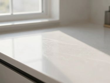 Close-up of a pristine, streak-free kitchen countertop with a sharp reflection of a sunlit window, minimalist design.
