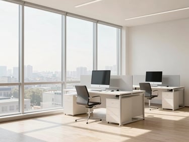 Sun-drenched, minimalist office space, empty desk with a neatly arranged monitor, large window, clean glass partition, wide environmental shot.