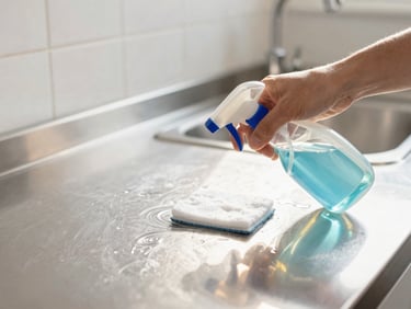 Close-up of a professional cleaner using a non-toxic cleaning solution on a stainless steel surface, streak-free reflections, bright natural light.