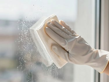 Macro shot of a hand in a neat, branded glove wiping a perfectly clean, sunlit window, emphasizing streak-free glass.