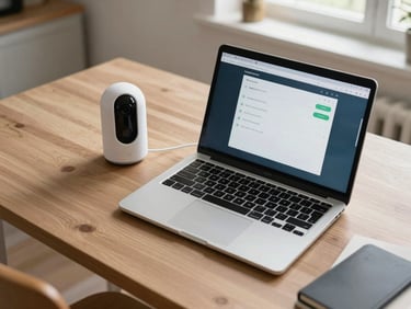 Overhead view of a laptop on a kitchen table showing the doorbell camera app interface with settings visible, a doorbell camera sitting beside the laptop, natural daylight from above, the messy reality of a home workspace.
