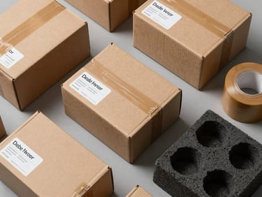 Top-down organized view of high-quality packing materials, double-wall corrugated cardboard boxes with clear category labels, heavy-duty tape, and custom-cut foam inserts arranged on a clean gray surface.