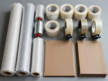 Top-down organized layout of industrial packing materials. Rolls of thick shock-absorbing bubble wrap, heavy-duty tape dispensers, and sheets of corrugated cardboard arranged neatly on a clean gray surface under bright, even lighting.