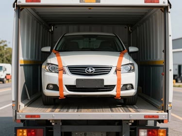 Straight-on eye-level shot of a clean modern vehicle carrier truck parked in high-daylight. A sedan is secured squarely on the lower deck with heavy-duty orange tie-down straps, showing perfectly taped corners and precise wheel-strap placement.