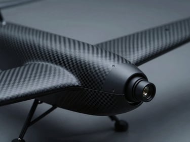 Macro detail shot of a carbon-fiber UAV wing joint and optical sensor payload, high-contrast cool laboratory lighting, matte black textures.