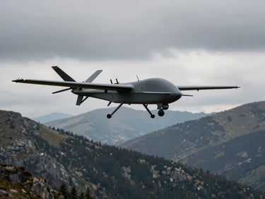 Wide environmental tracking shot of a matte black tactical UAV flying low over rugged, overcast Carpathian mountains, moody technical photography, 50mm.