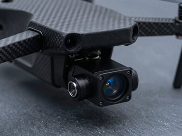 Macro detail shot of an optical sensor payload and gimbal joint mounted on a matte black carbon-fiber drone chassis, cool-toned laboratory lighting, sharp detail.