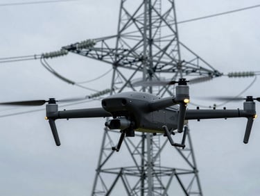 Close-up of an industrial UAV inspecting a massive electrical transmission tower, overcast sky, cool-toned laboratory lighting style, sharp detail, 50mm.