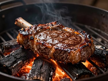 Close-up shot of a thick ribeye steak cooking over open cherrywood flames, glowing embers, high contrast