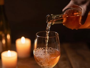 Close-up of hands pouring a cloudy orange skin-contact wine into a simple glass, candle-lit background, deep shadows