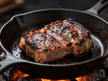 Moody editorial food photography, close-up of thick wood-fired pork chop searing in a cast-iron pan over glowing orange cherrywood embers, dark soot-black background, 35mm