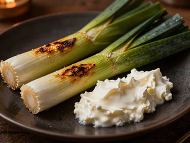 Tight macro shot of charred heirloom leeks with creamy white curds on a dark ceramic plate, warm side-lighting