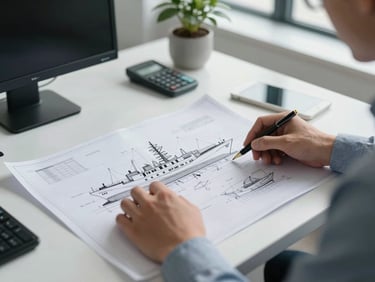 A detailed shot of a professional at a desk reviewing technical marine vessel blueprints in a bright, clean office with natural cool daylight.