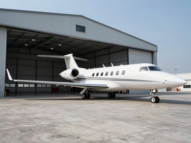 A wide-angle, crisp daylight shot of a modern commercial hangar with a private jet parked on the polished concrete floor, clean lines, cool undertones.